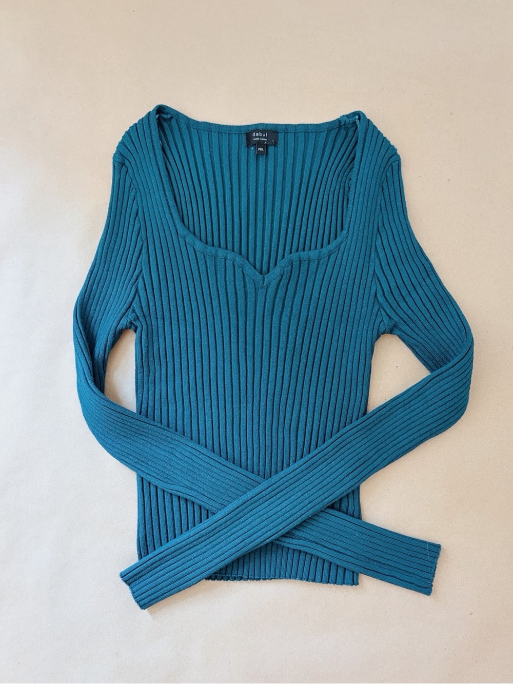 debut Teal Ribbed Long Sleeve Scoop Neck Top